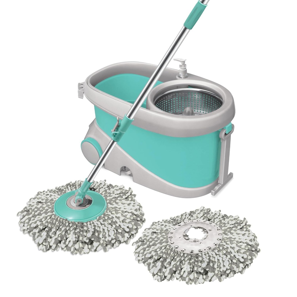  Spotzero by Milton Prime Spin Mop with Big Wheels and Stainless Steel Wringer, Bucket Floor Cleaning and Mopping System, 2 Microfiber Refills 