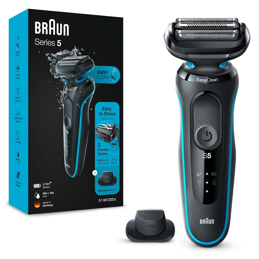  Braun Electric Shaver for Men, Series 5 51-M1200s, Wet & Dry Electric Shaver with Precision Trimmer, Rechargeable, Waterproof, Advanced German Engineering, Black/Turquoise, 5 min Quick Charge 