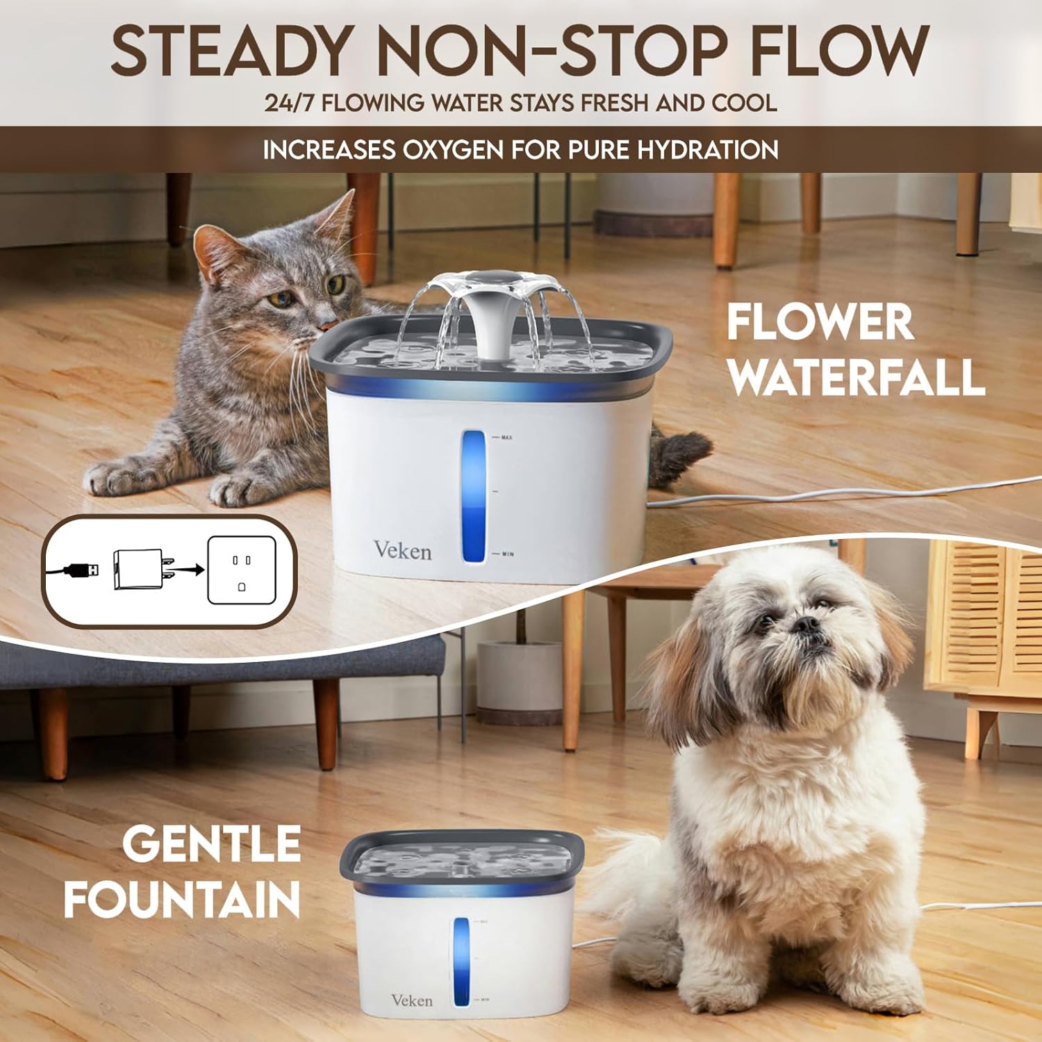 Veken 95oz/2.8L Pet Fountain, Automatic Cat Water Fountain Dog Water Dispenser with Replacement Filters for Cats, Dogs, Multiple Pets (Grey, Plastic) - Image 3