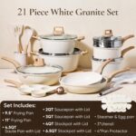 CAROTE 21Pcs Pots and Pans Set, Nonstick Cookware Sets, White Granite Induction Cookware Non Stick Cooking Set w/Frying Pans & Saucepans(PFOS, PFOA Free) - Image 3