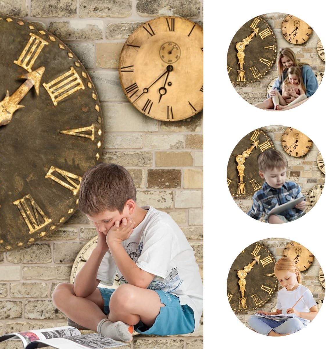 6x4ft Old Clock Backdrop Vintage Brick Wall Gold Metal Vintage Clock Minimalist Photography Background Birthday Party New Year Portrait Video Studio Photo Props Polyester - Image 4
