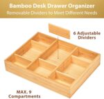 Umilife Desk Drawer Organizer, Bamboo Wood Organizer Tray with Adjustable Compartments, Office Desk Accessories Supplies Organization Storage, 12" x 9" - Image 3