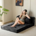MAXYOYO Convertible Sofa Bed, Fold Out Loveseat Sleeper Sofa with Pillow, 4 in 1 Tufted Folding Couch Bed Foam Floor Couch, Lazy Chair for Living Room Bedroom Guest Room, Black - Image 3