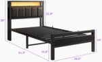 Twin Bed Frame with Charging Station & LED Lights,Storage Upholstered Headboard,Metal Bed Frame Twin Size Bed Frames No Box Spring Needed,Mattress Beds Base,Heavy Duty Steel Slats,Black - Image 3