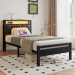 Twin Bed Frame with Charging Station & LED Lights,Storage Upholstered Headboard,Metal Bed Frame Twin Size Bed Frames No Box Spring Needed,Mattress Beds Base,Heavy Duty Steel Slats,Black - Image 8