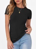 ANRABESS Women Short Sleeve Crewneck Ribbed Knit Slim Fitted Shirts Summer Tops Basic Tee T-Shirt Casual Spring 2025 Clothes - Image 4