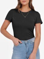 ANRABESS Women Short Sleeve Crewneck Ribbed Knit Slim Fitted Shirts Summer Tops Basic Tee T-Shirt Casual Spring 2025 Clothes - Image 8