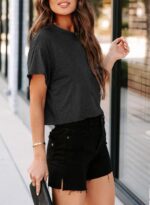 Tankaneo Women Short Sleeve Cropped T-Shirts Crew Neck Loose Crop Tops Summer Casual Drop Shoulder Basic Tees - Image 3