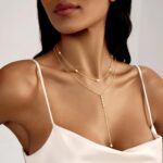 Zeffy Lariat Gold Necklace for Women, Dainty Long Necklace 14k Gold/Silver Plated Layered CZ Beaded Bar Chain Y-Shaped Body Chain Stack Drop Wedding Necklace Trendy Simple Gold Jewelry Gifts - Image 6
