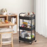 Sywhitta 3-Tier Plastic Rolling Utility Cart with Handle, Multi-Functional Storage Trolley for Office, Living Room, Kitchen, Movable Storage Organizer with Wheels, Black - Image 5