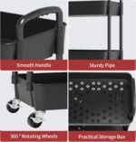 Sywhitta 3-Tier Plastic Rolling Utility Cart with Handle, Multi-Functional Storage Trolley for Office, Living Room, Kitchen, Movable Storage Organizer with Wheels, Black - Image 8