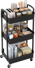 Sywhitta 3-Tier Plastic Rolling Utility Cart with Handle, Multi-Functional Storage Trolley for Office, Living Room, Kitchen, Movable Storage Organizer with Wheels, Black - Image 9