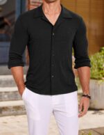 COOFANDY Men Long Sleeve Button Down Shirts Muscle Fit Dress Shirts Slim Fit Knit Shirts Camp Collar Shirts - Image 5
