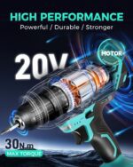 COMOWARE 20V Cordless Drill, Electric Power Drill Set with 1 Battery & Charger, 3/8” Keyless Chuck, 2 Variable Speed, 266 In-lb Torque, 25+1 Position and 34pcs Drill/Driver Bits - Image 3