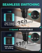 COMOWARE 20V Cordless Drill, Electric Power Drill Set with 1 Battery & Charger, 3/8” Keyless Chuck, 2 Variable Speed, 266 In-lb Torque, 25+1 Position and 34pcs Drill/Driver Bits - Image 4