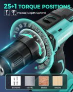 COMOWARE 20V Cordless Drill, Electric Power Drill Set with 1 Battery & Charger, 3/8” Keyless Chuck, 2 Variable Speed, 266 In-lb Torque, 25+1 Position and 34pcs Drill/Driver Bits - Image 5