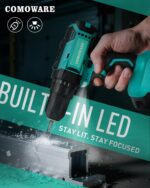 COMOWARE 20V Cordless Drill, Electric Power Drill Set with 1 Battery & Charger, 3/8” Keyless Chuck, 2 Variable Speed, 266 In-lb Torque, 25+1 Position and 34pcs Drill/Driver Bits - Image 7