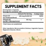 Vitamin D3 K2 Complex - Easy to Swallow - Vitamin D (D3) 5000 IU (125 mcg) & K2(MK-7) 90 mcg | Non-GMO | Gluten-Free | USA Made | 120 Capsules - Image 4