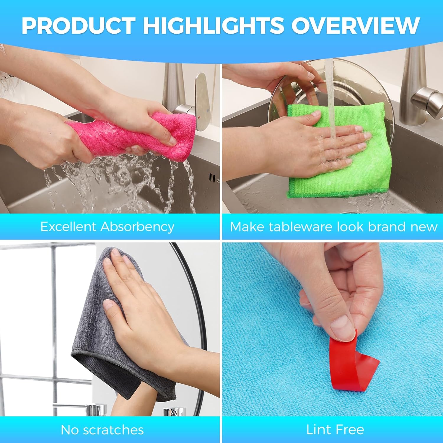 Microfiber Cleaning Cloth, Pack of 15, Lint Free, Absorbent, Streak Free, Non-Abrasive, Reusable and Washable，Cleaning Towels with 5 Color Assorted,11.8"X11.8"(Green/Blue/Yellow/Pink/Grey) - Image 5