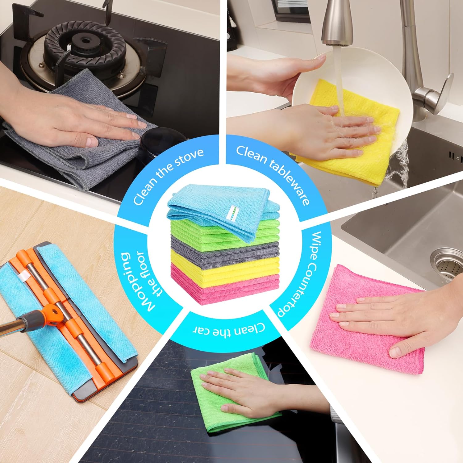 Microfiber Cleaning Cloth, Pack of 15, Lint Free, Absorbent, Streak Free, Non-Abrasive, Reusable and Washable，Cleaning Towels with 5 Color Assorted,11.8"X11.8"(Green/Blue/Yellow/Pink/Grey) - Image 7
