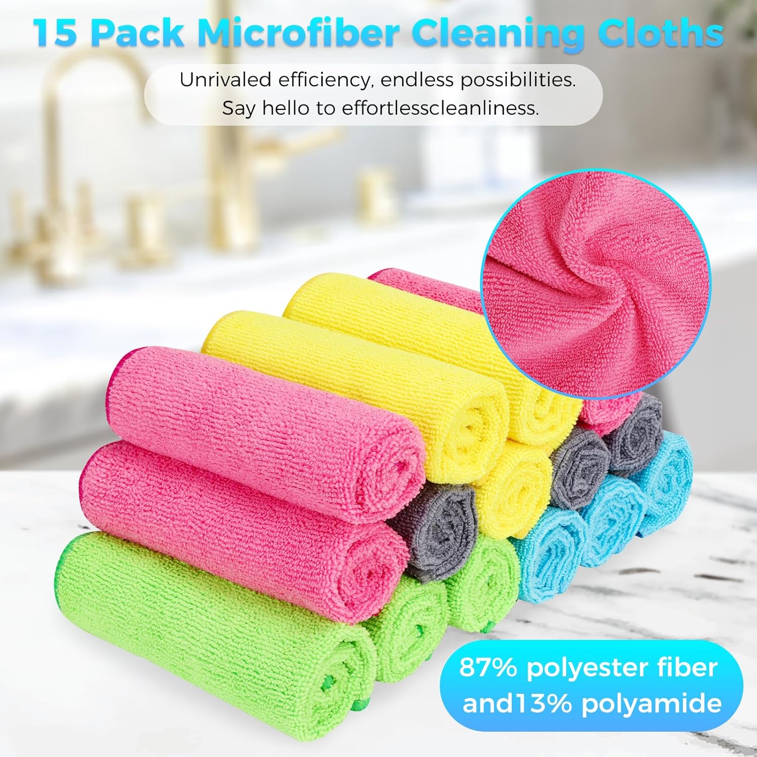 Microfiber Cleaning Cloth, Pack of 15, Lint Free, Absorbent, Streak Free, Non-Abrasive, Reusable and Washable，Cleaning Towels with 5 Color Assorted,11.8"X11.8"(Green/Blue/Yellow/Pink/Grey) - Image 9