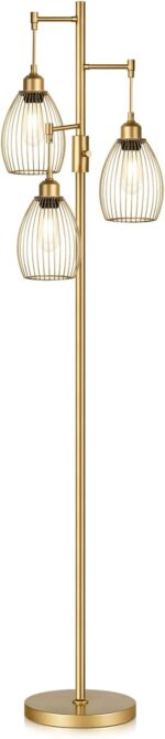 Dimmable Industrial Floor Lamps for Living Room, Gold Tree Standing Tall Lamps with 3 Elegant Teardrop Cage Head & 800 Lumens LED Bulbs for Bedroom Office - Image 10