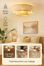 20'' Boho Flush Mount Ceiling Fans with Lights, Rattan bladeless Ceiling Fan with Light, Low Profile Small Caged fandeliers with Lights and Remote for Bedroom,Dining Room - Image 3
