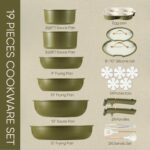 CAROTE 19pcs Pots and Pans Set, Nonstick Cookware Set Detachable Handle, Induction Kitchen Cookware Sets Non Stick with Removable Handle, RV Cookware Set, Gold and Green - Image 3