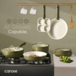 CAROTE 19pcs Pots and Pans Set, Nonstick Cookware Set Detachable Handle, Induction Kitchen Cookware Sets Non Stick with Removable Handle, RV Cookware Set, Gold and Green - Image 5