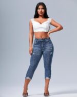 roswear Women's Capri Pants Mid Rise Skinny Ripped Stretchy Cropped Distressed Jeans - Image 4