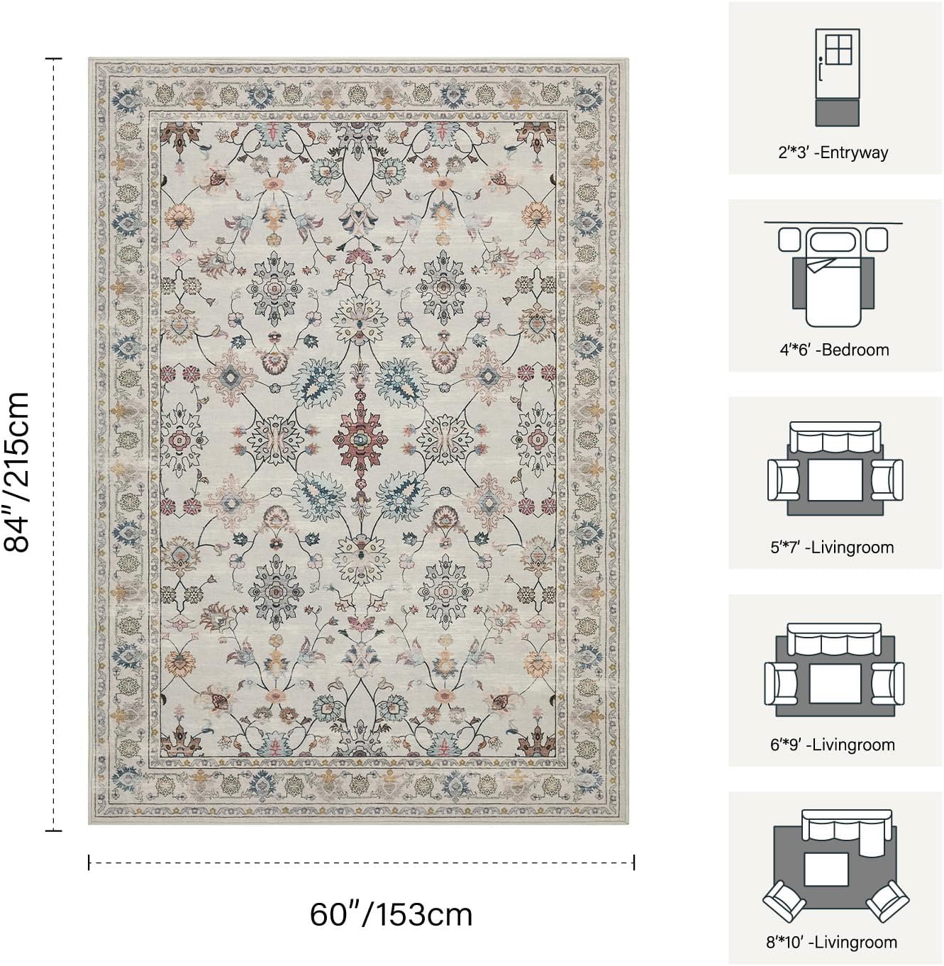 5x7 Area Rugs for Bedroom & Living Room - Washable Floral Boho Vintage Rug,Soft & Non-Slip,Low Pile Wool Carpet for Indoor Dining Room,Girls Room,Nursery Room and Kids Room(Grey) - Image 3