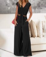 PRETTYGARDEN Women's Summer 2 Piece Outfits 2025 Cap Sleeve V Neck Belted Crop Tops Wide Leg Pant Sets Casual Tracksuit - Image 4