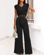 PRETTYGARDEN Women's Summer 2 Piece Outfits 2025 Cap Sleeve V Neck Belted Crop Tops Wide Leg Pant Sets Casual Tracksuit - Image 8