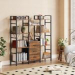 Triple Bookshelf with 3 Fabric Drawers, 4-Tier Book Shelf and 10 Display Shelves, Industrial Large Bookcase for Home & Office, Rustic Brown, 47'' Wide - Image 3
