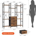 Triple Bookshelf with 3 Fabric Drawers, 4-Tier Book Shelf and 10 Display Shelves, Industrial Large Bookcase for Home & Office, Rustic Brown, 47'' Wide - Image 4