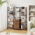 Triple Bookshelf with 3 Fabric Drawers, 4-Tier Book Shelf and 10 Display Shelves, Industrial Large Bookcase for Home & Office, Rustic Brown, 47'' Wide - Image 8