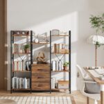 Triple Bookshelf with 3 Fabric Drawers, 4-Tier Book Shelf and 10 Display Shelves, Industrial Large Bookcase for Home & Office, Rustic Brown, 47'' Wide - Image 9