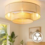 20'' Boho Flush Mount Ceiling Fans with Lights, Rattan bladeless Ceiling Fan with Light, Low Profile Small Caged fandeliers with Lights and Remote for Bedroom,Dining Room - Image 2