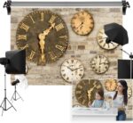 6x4ft Old Clock Backdrop Vintage Brick Wall Gold Metal Vintage Clock Minimalist Photography Background Birthday Party New Year Portrait Video Studio Photo Props Polyester - Image 2