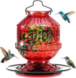 Blown Glass Hummingbird Feeders for Outdoors, 25 Ounces Wild Bird Nectar Feeder with Perch & 5 Flower Feeding Ports Leak Proof Hanging for Garden Backyard Decor, Gifts for Women Mom, Red - Image 2