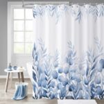 Blue Leaf Shower Curtain, Blue Watercolor Eucalyptus Leaves Botanical Plants Bathroom Curtain Waterproof Fabric Machine Washable with Hooks, 72" Wx72 L - Image 2