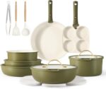 CAROTE 19pcs Pots and Pans Set, Nonstick Cookware Set Detachable Handle, Induction Kitchen Cookware Sets Non Stick with Removable Handle, RV Cookware Set, Gold and Green - Image 2