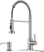 FORIOUS Kitchen Faucet with Soap Dispenser, Bar Burhsed Nickel Stainless Steel Single Handle Modern Spring Commercial Sink Faucet with Pull Down Sprayer for RV Camp Bar Farmhouse - Image 2