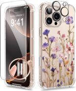 GVIEWIN for iPhone 16 Pro Max Case with Screen Protector & Camera Lens Protector, [Military Grade Protection] Clear Shockproof Slim Floral Phone Cover for Women Girls 6.9" (Zinnia/Purple) - Image 2