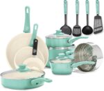 GreenLife Soft Grip 16 Piece Cookware Set, Non-Toxic PFAS-Free Ceramic Nonstick, Pots, Frying, Sauce, Saute, Glass Lids, Stay-Cool Handles, Wobble Free Bases, Dishwasher & Oven Safe, Turquoise - Image 2