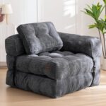 MAXYOYO Folding Sofa Bed, L-Shaped Convertible Sofa Bed with Armrest Foldable Sleeper Sofa with Pillow, Portable Fold Out Chair Bed Comfy Floor Lounge for Living Room Bedroom, Dark Grey - Image 2