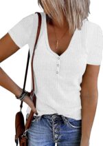 MEROKEETY Women's Summer Short Sleeve V Neck T Shirts Casual Ribbed Button Henley Knit Tops Blouse - Image 2