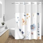 No Hook Shower Curtain with Snap in Liner - Watercolor Floral Shower Curtain - Fabric Waterproof Inner Liner, Plants Blue Beige Flowers White Cloth Shower Curtains Washable, 71 x 74 Inch - Image 2