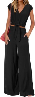 PRETTYGARDEN Women's Summer 2 Piece Outfits 2025 Cap Sleeve V Neck Belted Crop Tops Wide Leg Pant Sets Casual Tracksuit - Image 2