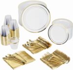 Prestee 600-Piece Disposable Party Dinnerware Set for 100 Guests - Gold Silverware Disposable with Plates, Cups, Knives, Forks, Spoons - Elegant Utensils for Wedding, Reception and Events Supplies - Image 2